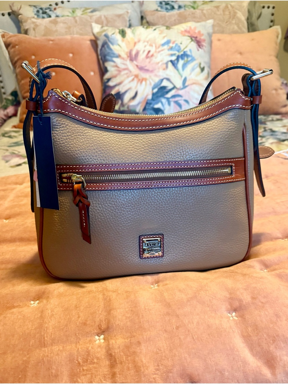 Dooney & Bourke Taupe Pebble Leather Shoulder Bag with Brown Trim